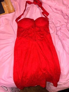 SHEIN Red Lace Halter Bustier Mini Dress